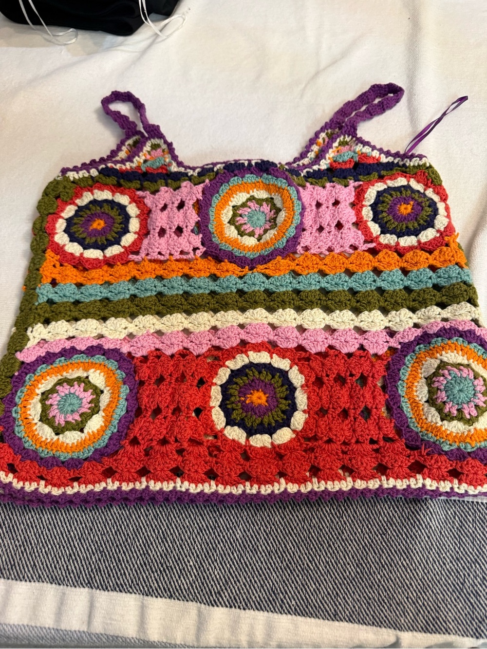 Zara Multicolor Crochet Crop Top in Purple, Red, Pink, Orange, Green